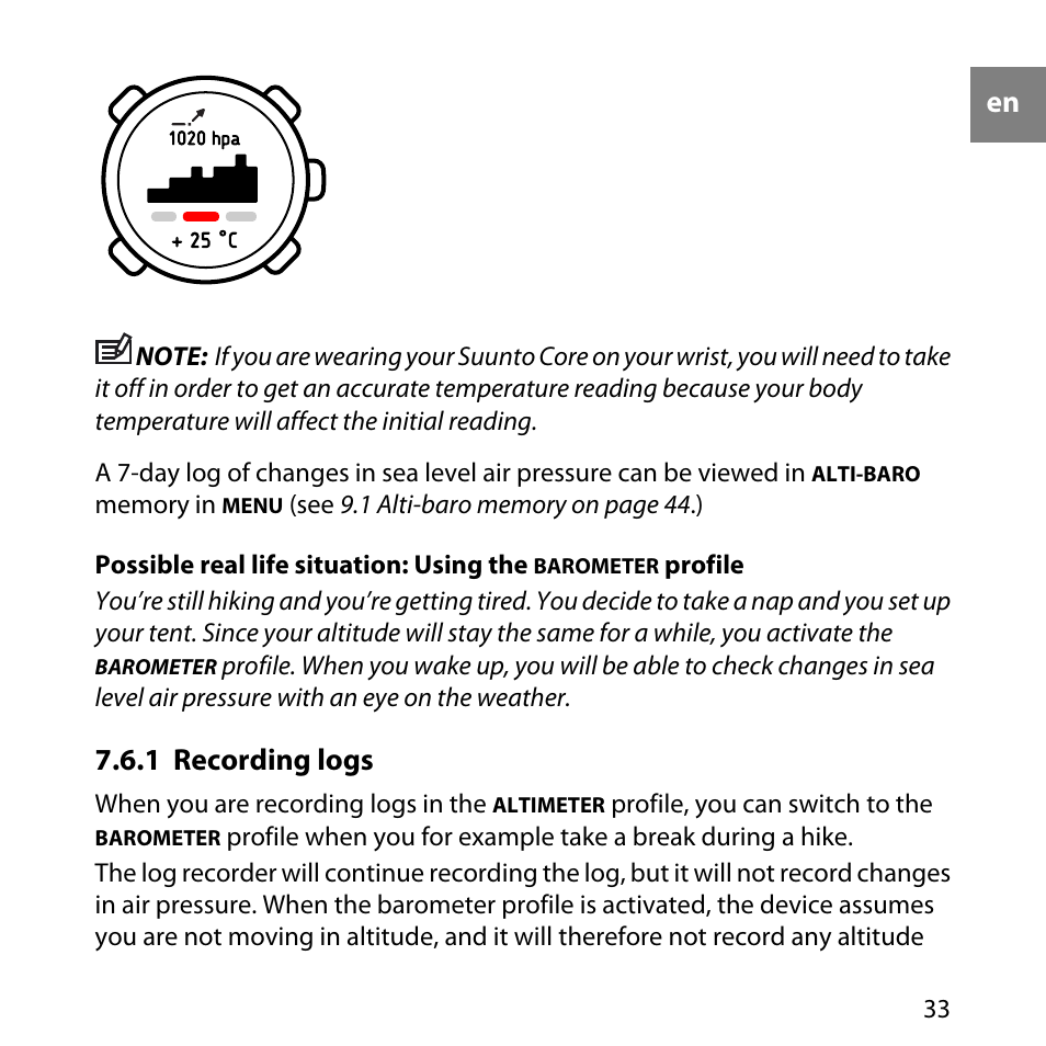 1 recording logs | SUUNTO Core User Manual | Page 33 / 58