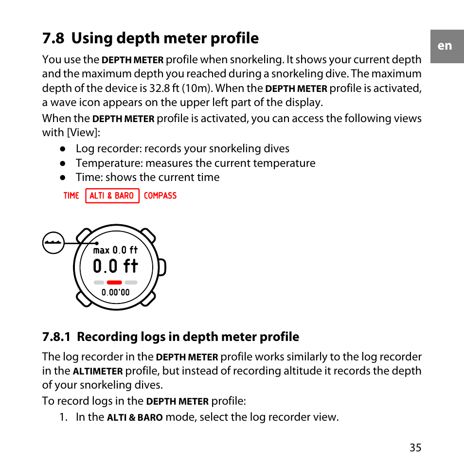 8 using depth meter profile, 1 recording logs in depth meter profile | SUUNTO Core User Manual | Page 35 / 58