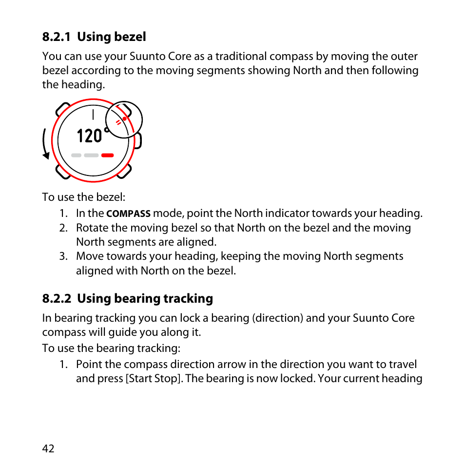 1 using bezel, 2 using bearing tracking, 42 8.2.2 using bearing tracking | SUUNTO Core User Manual | Page 42 / 58