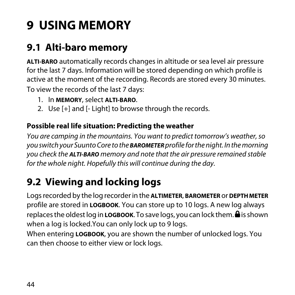 9 using memory, 1 alti-baro memory, 2 viewing and locking logs | 44 9.2 viewing and locking logs | SUUNTO Core User Manual | Page 44 / 58
