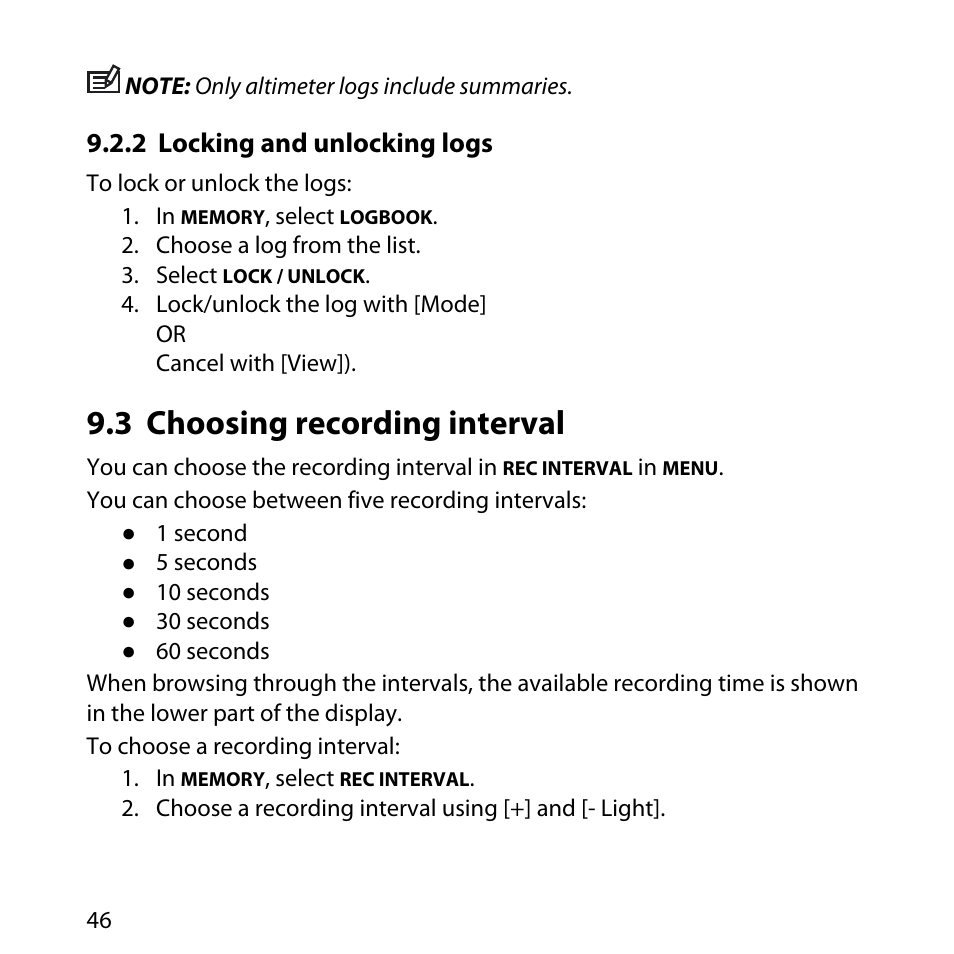 2 locking and unlocking logs, 3 choosing recording interval | SUUNTO Core User Manual | Page 46 / 58