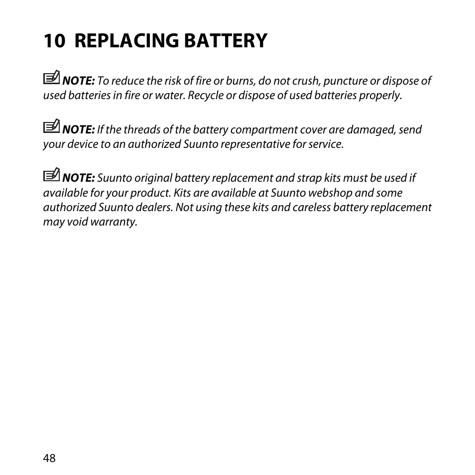 10 replacing battery | SUUNTO Core User Manual | Page 48 / 58