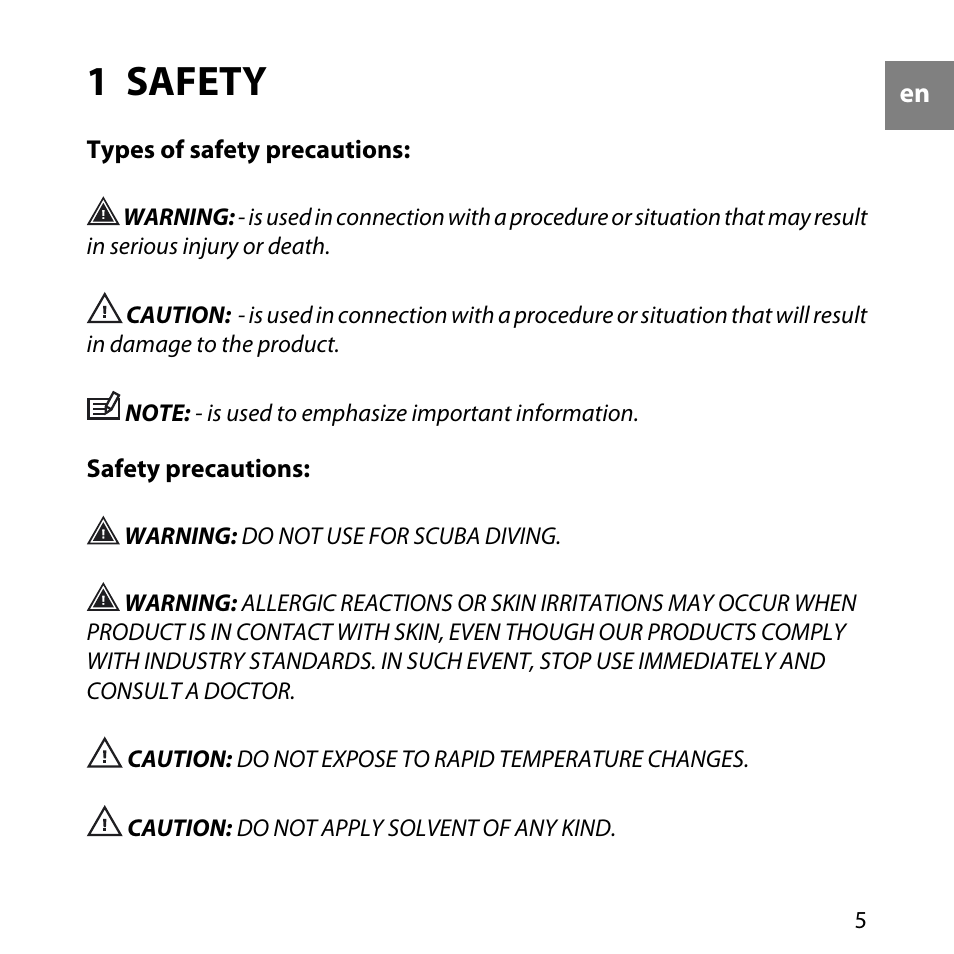 1 safety, Types of safety precautions, 5 safety precautions | SUUNTO Core User Manual | Page 5 / 58