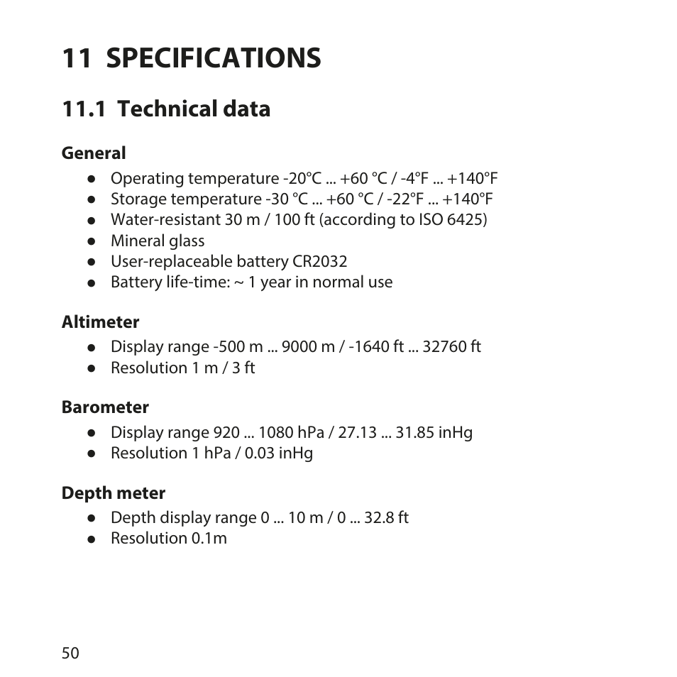 11 specifications, 1 technical data | SUUNTO Core User Manual | Page 50 / 58