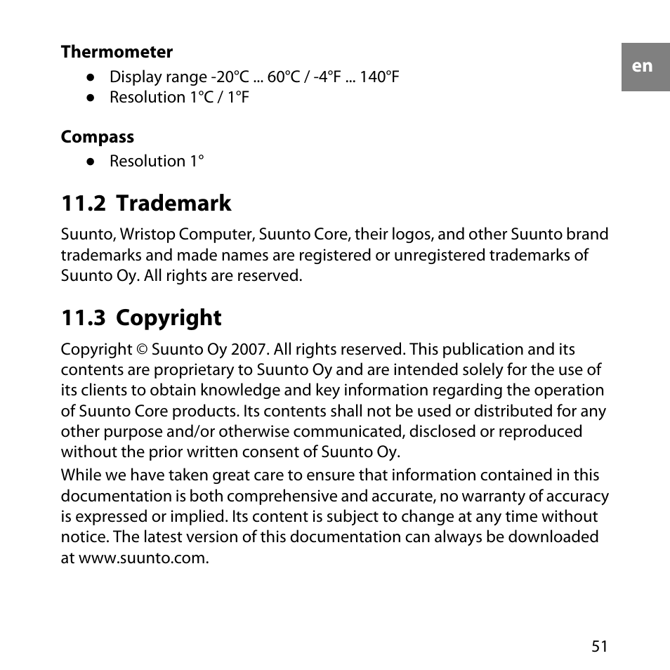 2 trademark, 3 copyright, 51 11.3 copyright | SUUNTO Core User Manual | Page 51 / 58
