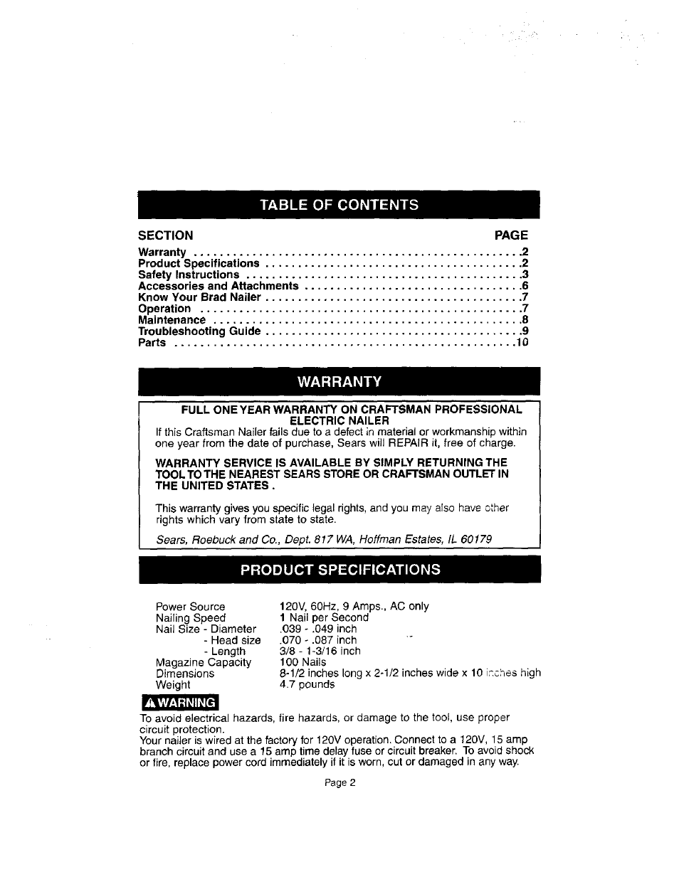 Awarning | Craftsman 836.27233 User Manual | Page 2 / 13