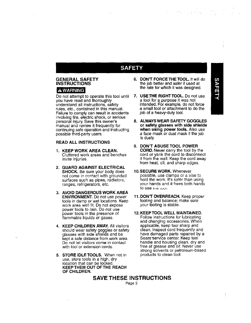 General safety instructions, A warning, Save these instructions | Craftsman 836.27233 User Manual | Page 3 / 13