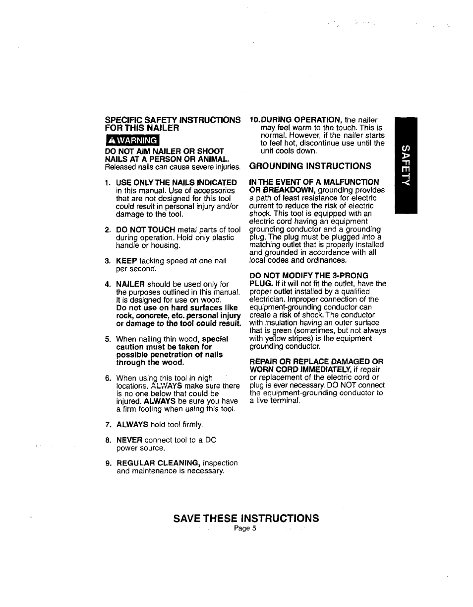 Spectfic safety instructions for this nailer, Grounding instructions, Save these instructions | Craftsman 836.27233 User Manual | Page 5 / 13