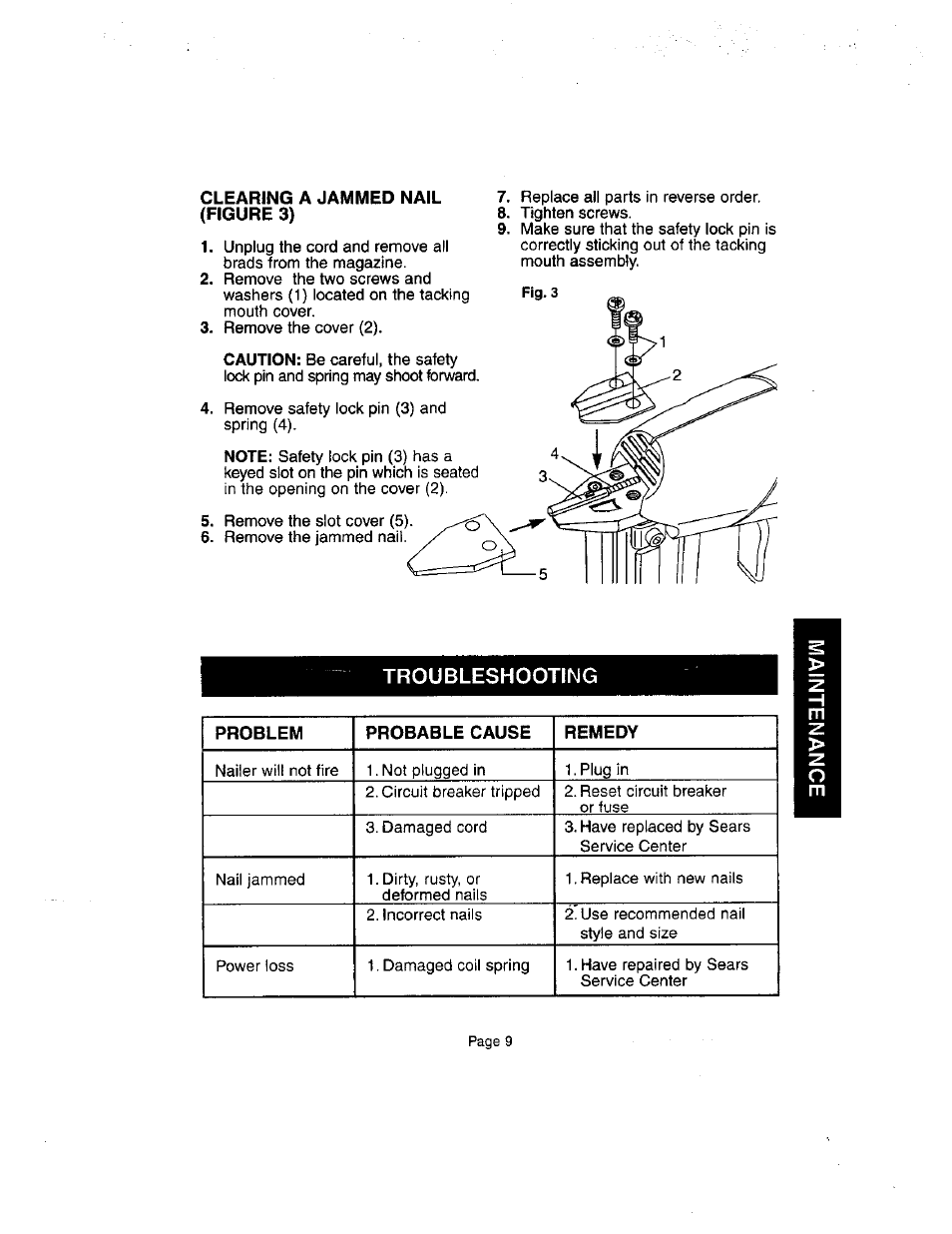 Clearing a jammed nail (figure 3) | Craftsman 836.27233 User Manual | Page 9 / 13