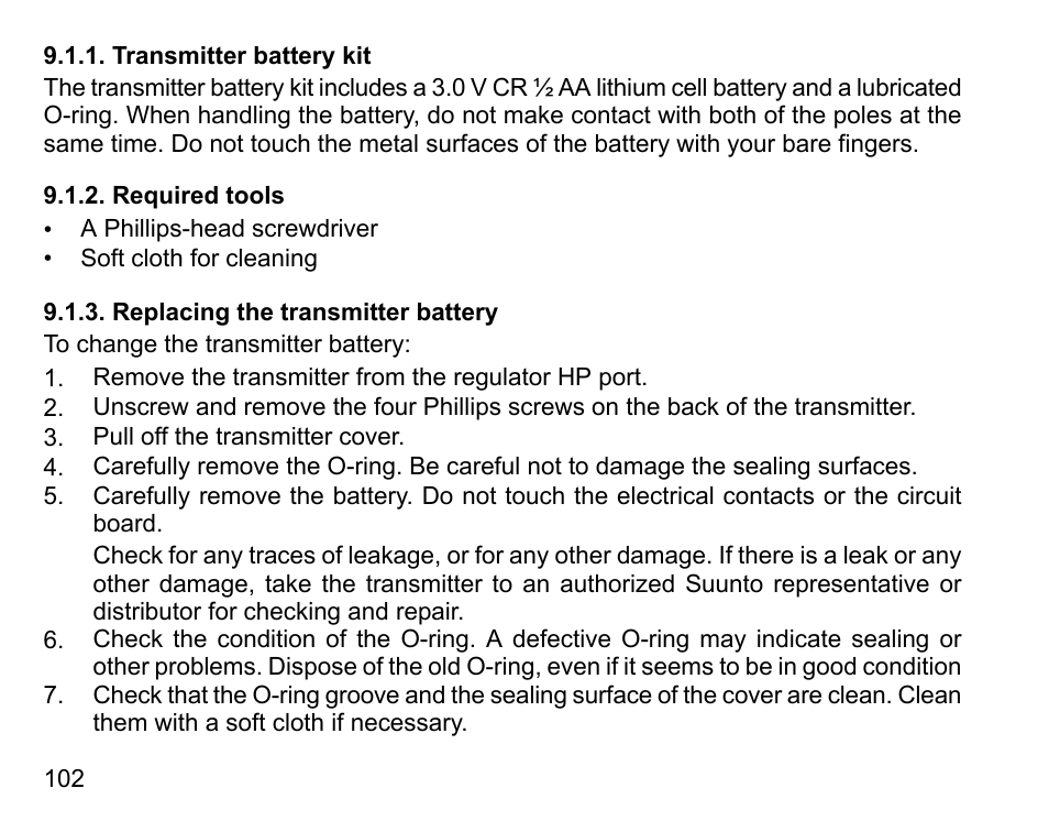 Transmitter battery kit, Required tools, Replacing the transmitter battery | 102 9.1.2. required tools, 102 9.1.3. replacing the transmitter battery | SUUNTO D4i User Manual | Page 101 / 122
