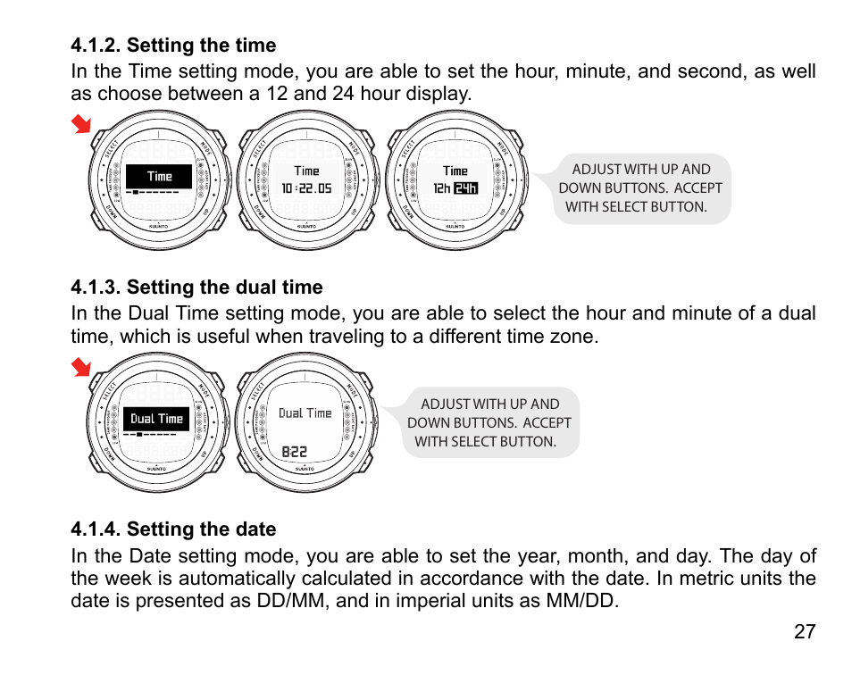 Setting the time, Setting the dual time, Setting the date | 27 4.1.3. setting the dual time, 27 4.1.4. setting the date | SUUNTO D4i User Manual | Page 26 / 122