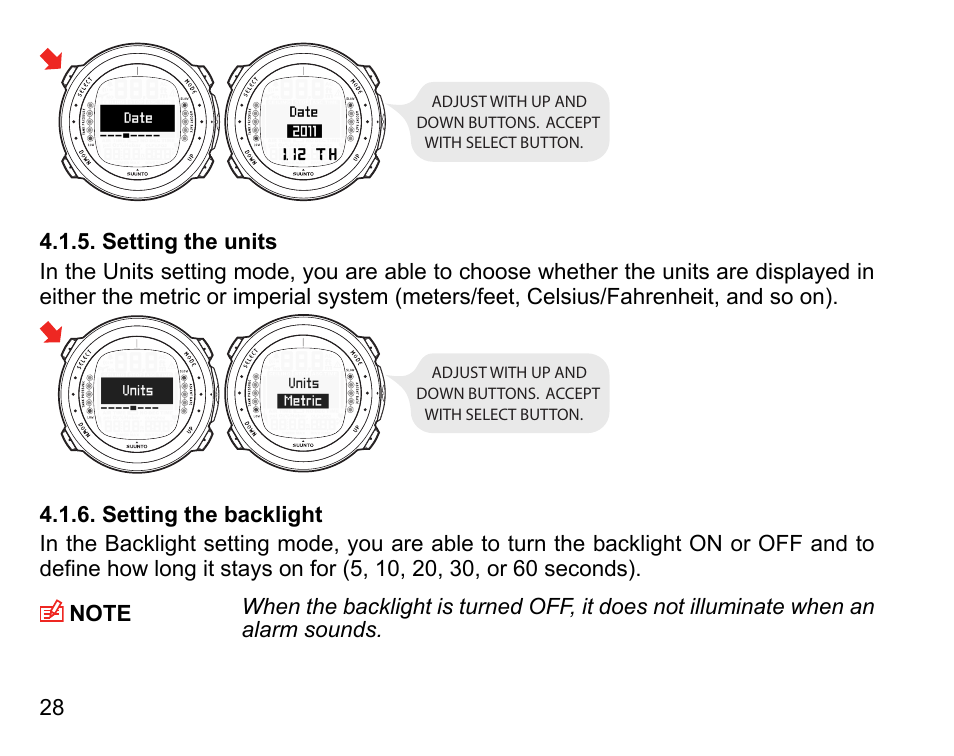 Setting the units, Setting the backlight, 28 4.1.6. setting the backlight | SUUNTO D4i User Manual | Page 27 / 122