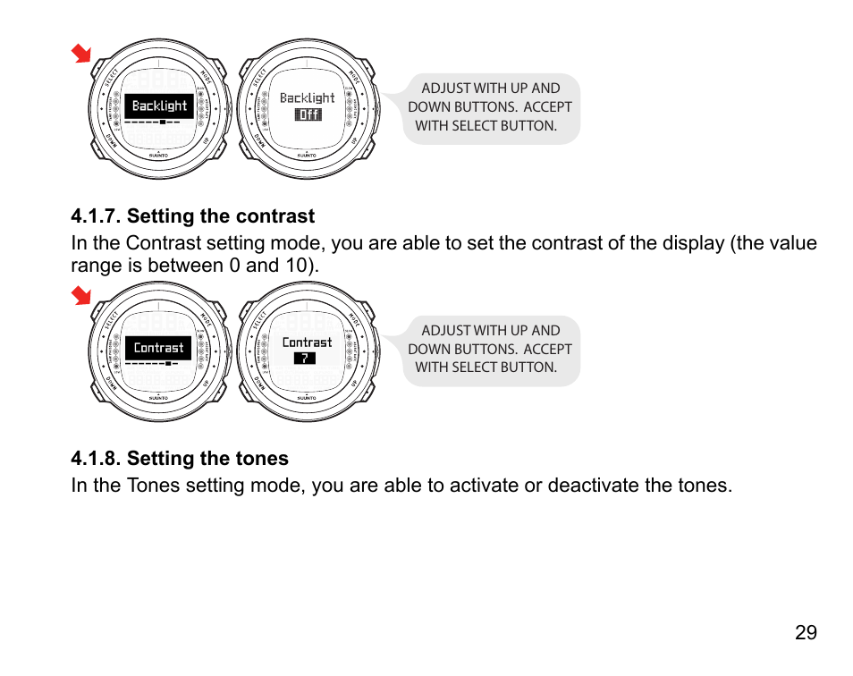 Setting the contrast, Setting the tones, 29 4.1.8. setting the tones | SUUNTO D4i User Manual | Page 28 / 122