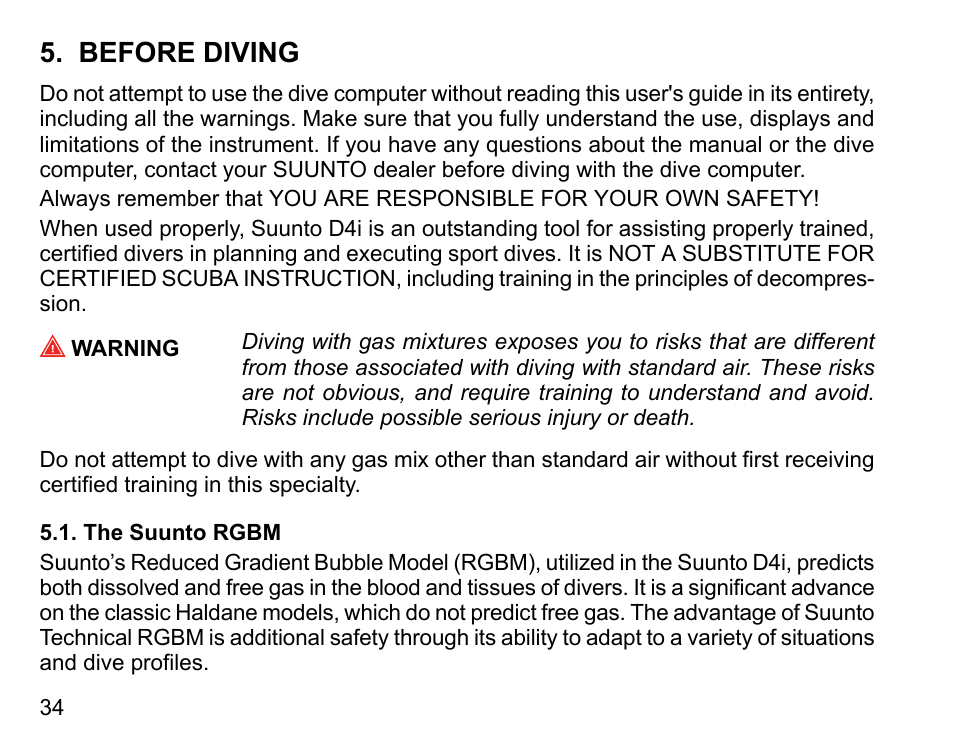 Before diving, The suunto rgbm | SUUNTO D4i User Manual | Page 33 / 122