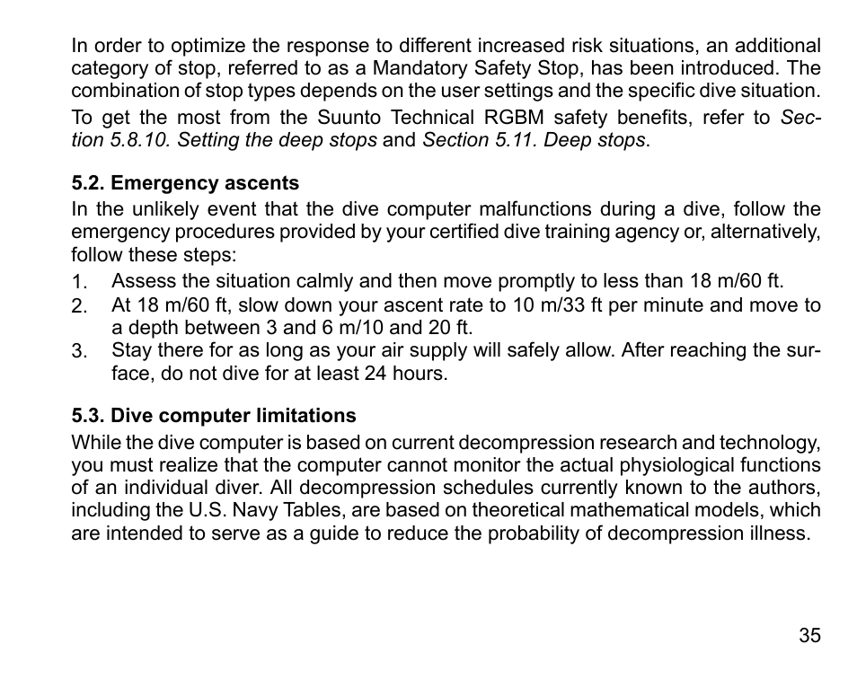 Emergency ascents, Dive computer limitations, 35 5.3. dive computer limitations | SUUNTO D4i User Manual | Page 34 / 122