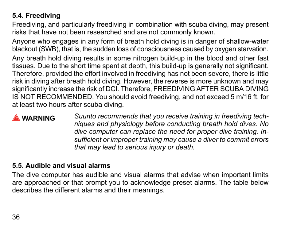 Freediving, Audible and visual alarms, 36 5.5. audible and visual alarms | SUUNTO D4i User Manual | Page 35 / 122