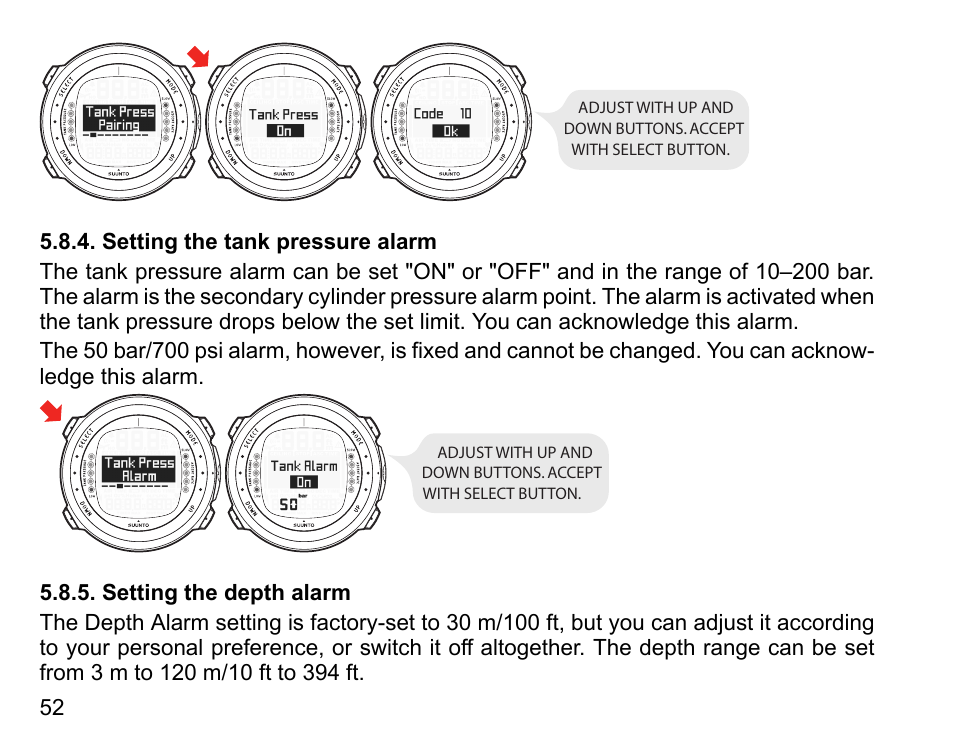 Setting the tank pressure alarm, Setting the depth alarm, 52 5.8.5. setting the depth alarm | SUUNTO D4i User Manual | Page 51 / 122