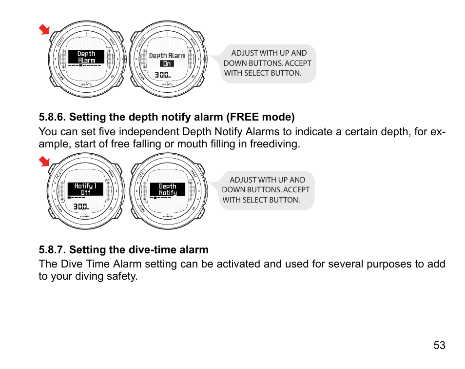 Setting the depth notify alarm (free mode), Setting the dive-time alarm, 53 5.8.7. setting the dive-time alarm | SUUNTO D4i User Manual | Page 52 / 122