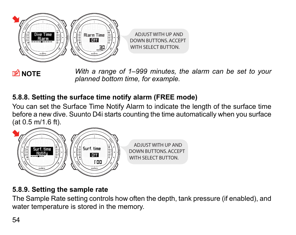 Setting the surface time notify alarm (free mode), Setting the sample rate, 54 5.8.9. setting the sample rate | SUUNTO D4i User Manual | Page 53 / 122