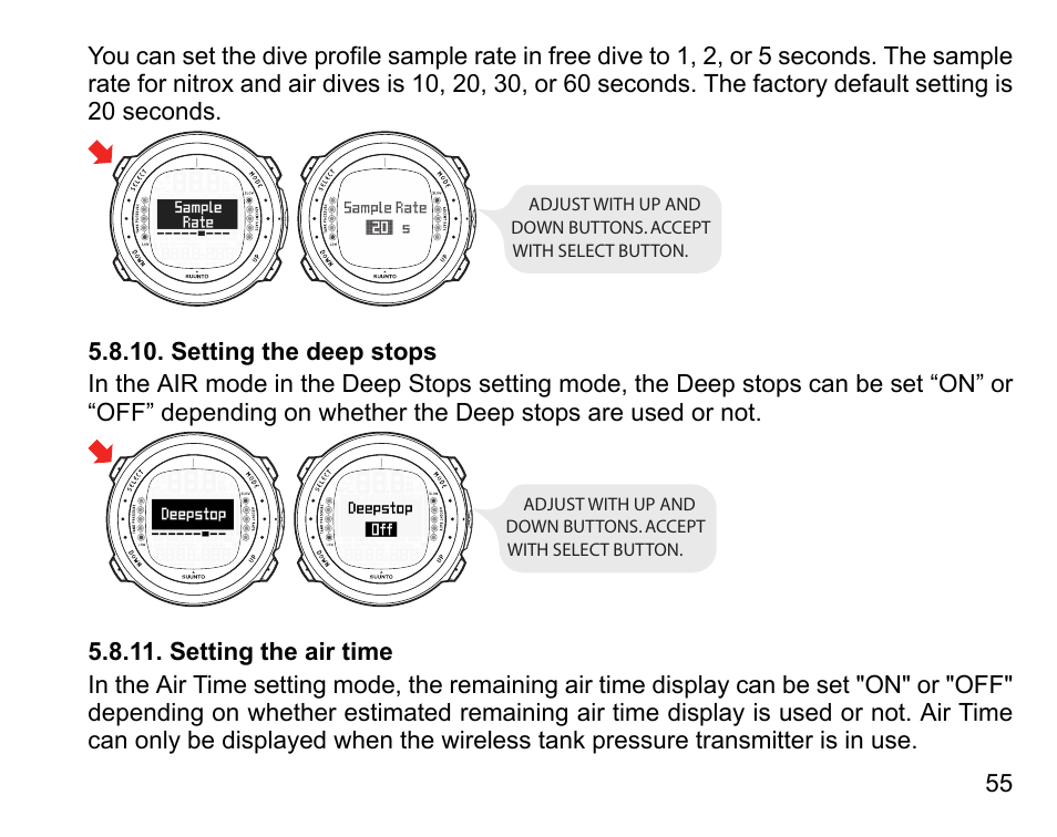 Setting the deep stops, Setting the air time, 55 5.8.11. setting the air time | SUUNTO D4i User Manual | Page 54 / 122