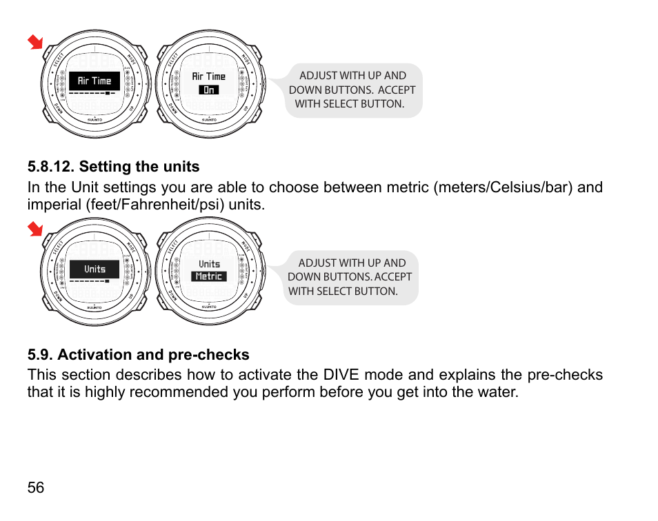 Setting the units, Activation and pre-checks | SUUNTO D4i User Manual | Page 55 / 122