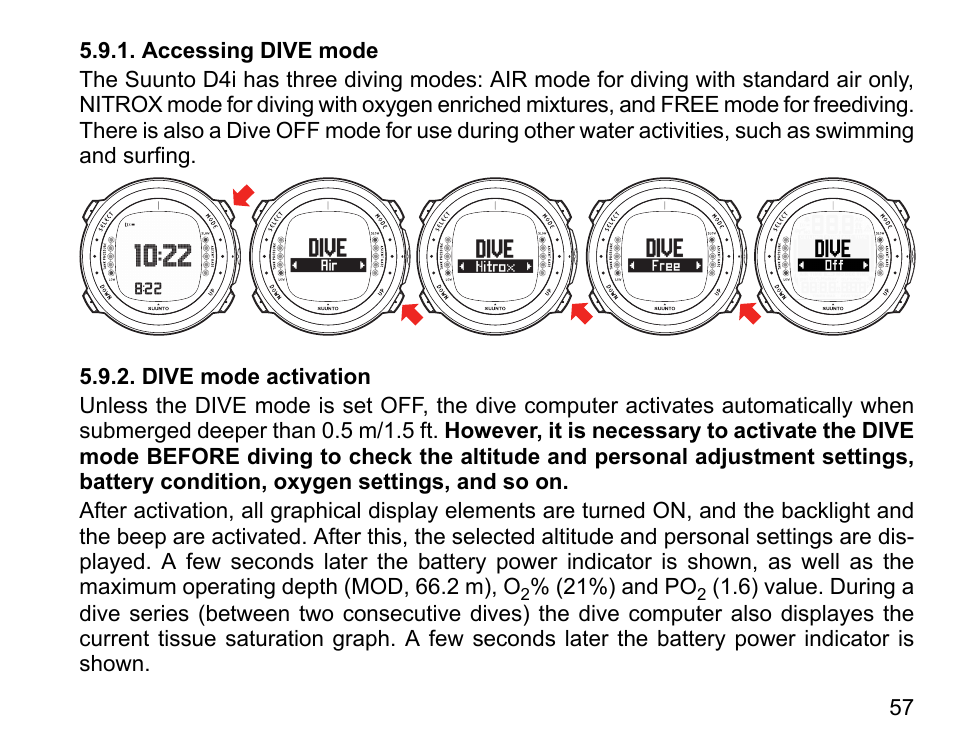 Accessing dive mode, Dive mode activation, 57 5.9.2. dive mode activation | SUUNTO D4i User Manual | Page 56 / 122