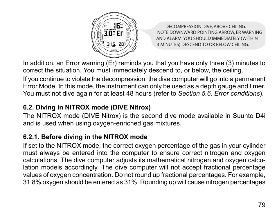 Diving in nitrox mode (dive nitrox), Before diving in the nitrox mode | SUUNTO D4i User Manual | Page 78 / 122