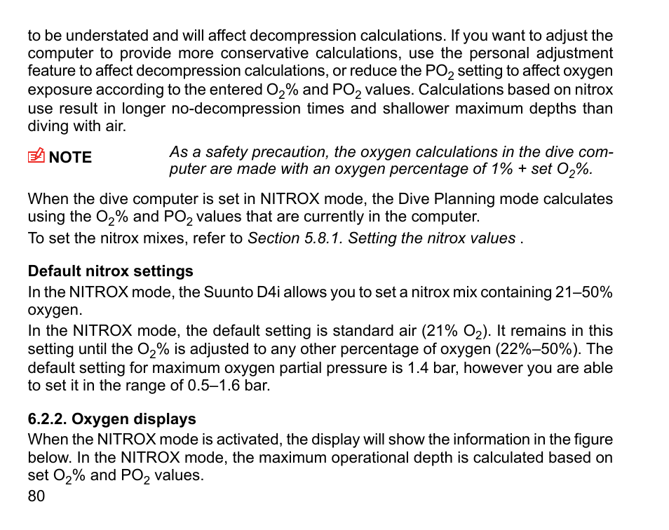 Default nitrox settings, Oxygen displays | SUUNTO D4i User Manual | Page 79 / 122