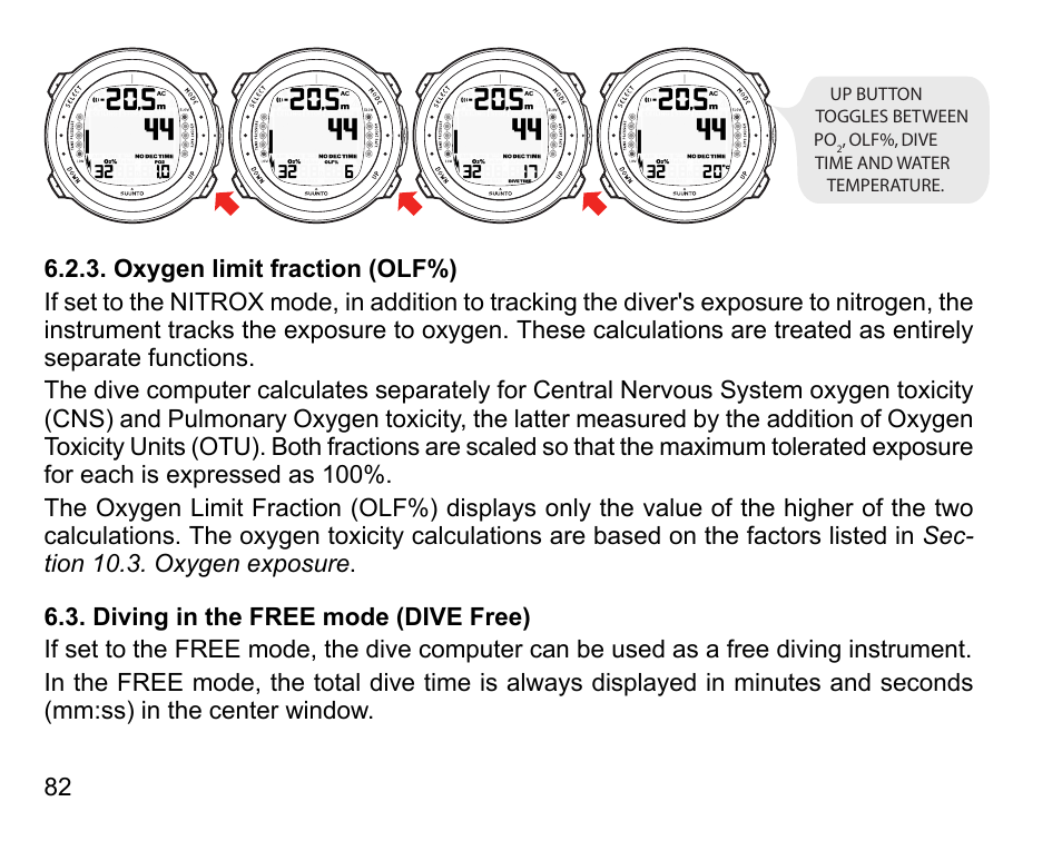 Oxygen limit fraction (olf%), Diving in the free mode (dive free) | SUUNTO D4i User Manual | Page 81 / 122