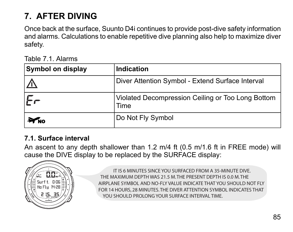After diving, Surface interval | SUUNTO D4i User Manual | Page 84 / 122