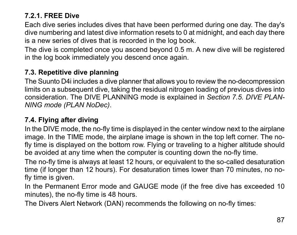 Free dive, Repetitive dive planning, Flying after diving | SUUNTO D4i User Manual | Page 86 / 122