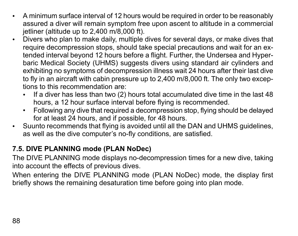 Dive planning mode (plan nodec) | SUUNTO D4i User Manual | Page 87 / 122