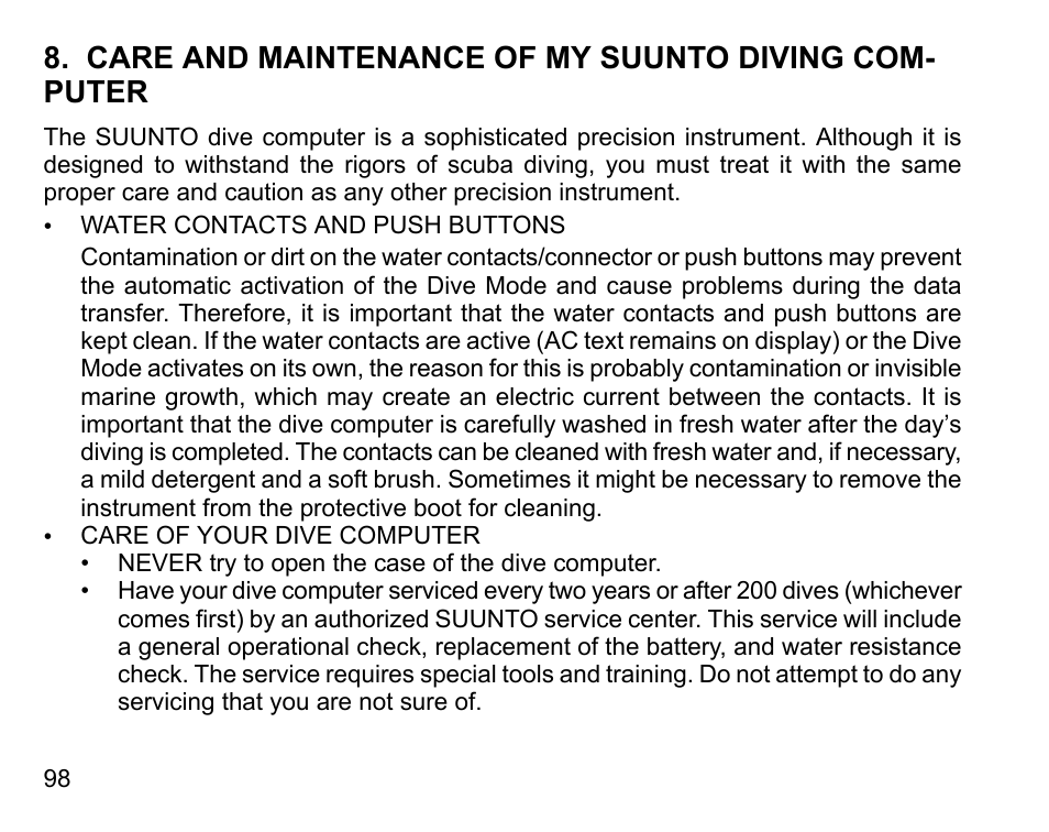 Care and maintenance of my suunto diving computer | SUUNTO D4i User Manual | Page 97 / 122