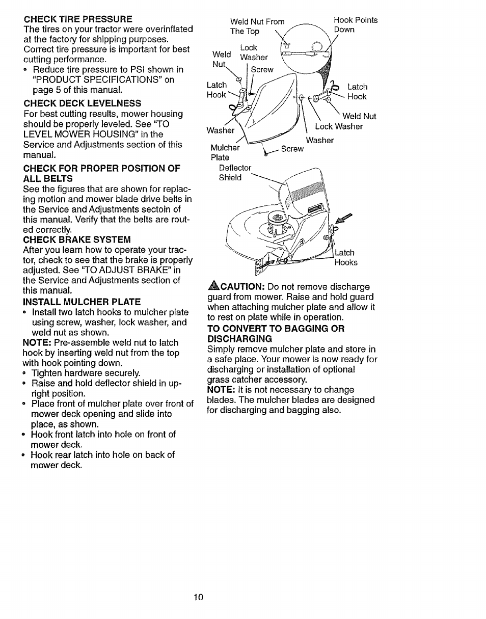 Check tire pressure, Check brake system, Install mulcher plate | To convert to bagging or discharging | Craftsman 917.27103 User Manual | Page 10 / 60
