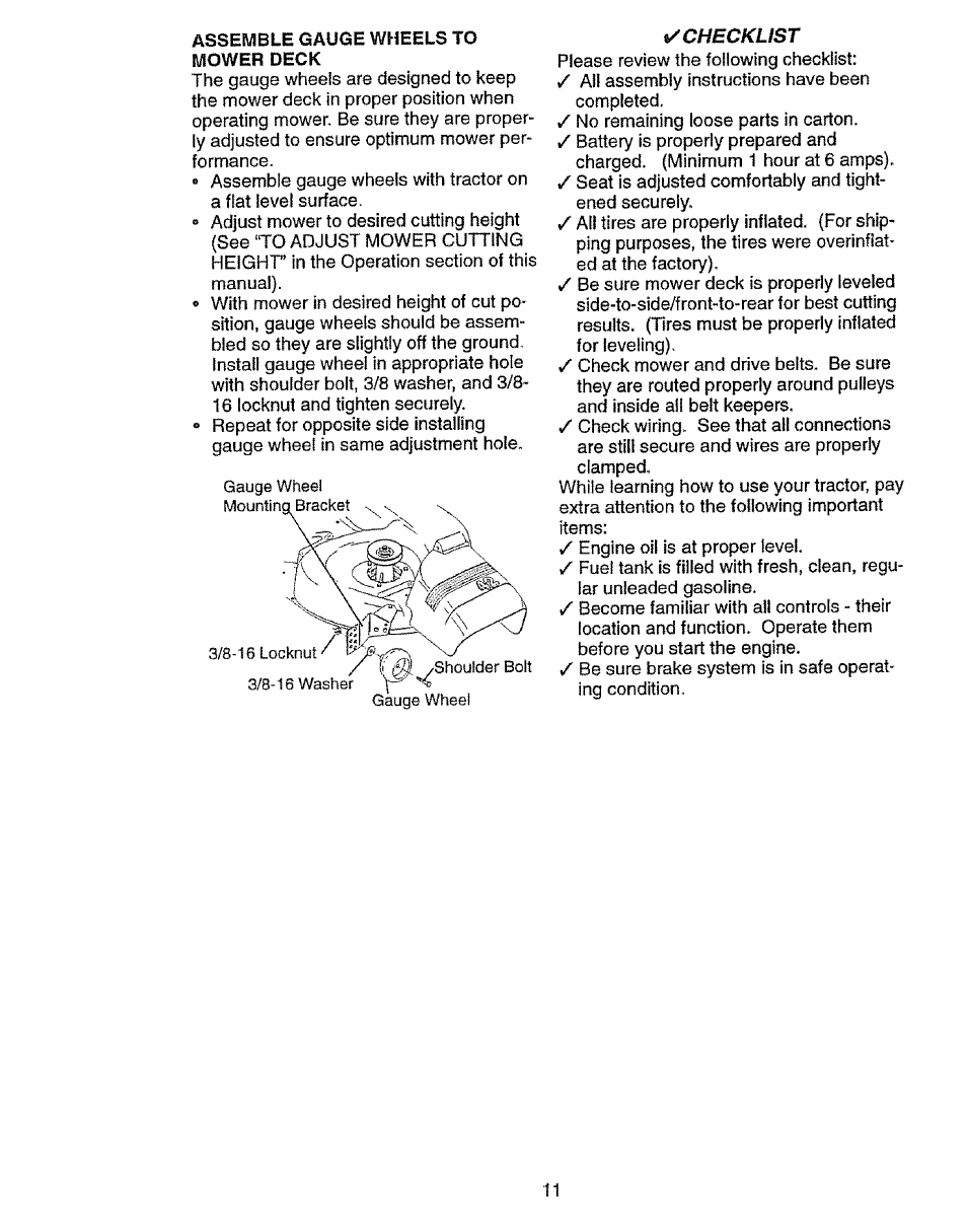 Assemble gauge wheels to mower deck | Craftsman 917.27103 User Manual | Page 11 / 60