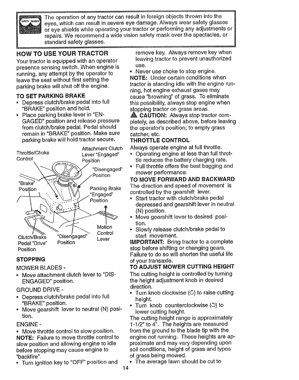 To set parking brake, Stopping, Throttle control | To move forward and backward, To adjust mower cutting height | Craftsman 917.27103 User Manual | Page 14 / 60