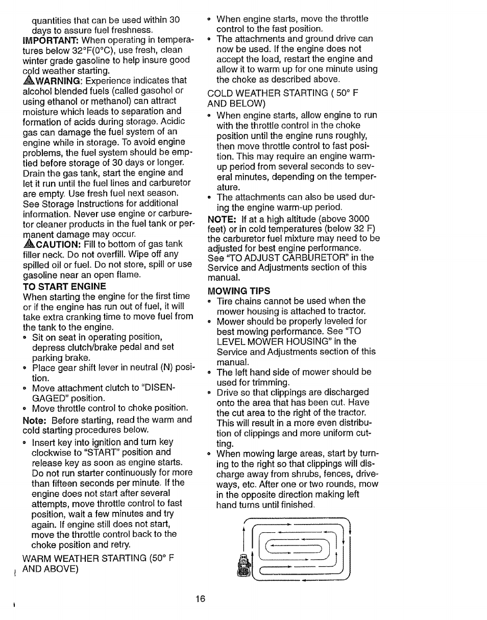 To start engine, Mowing tips | Craftsman 917.27103 User Manual | Page 16 / 60