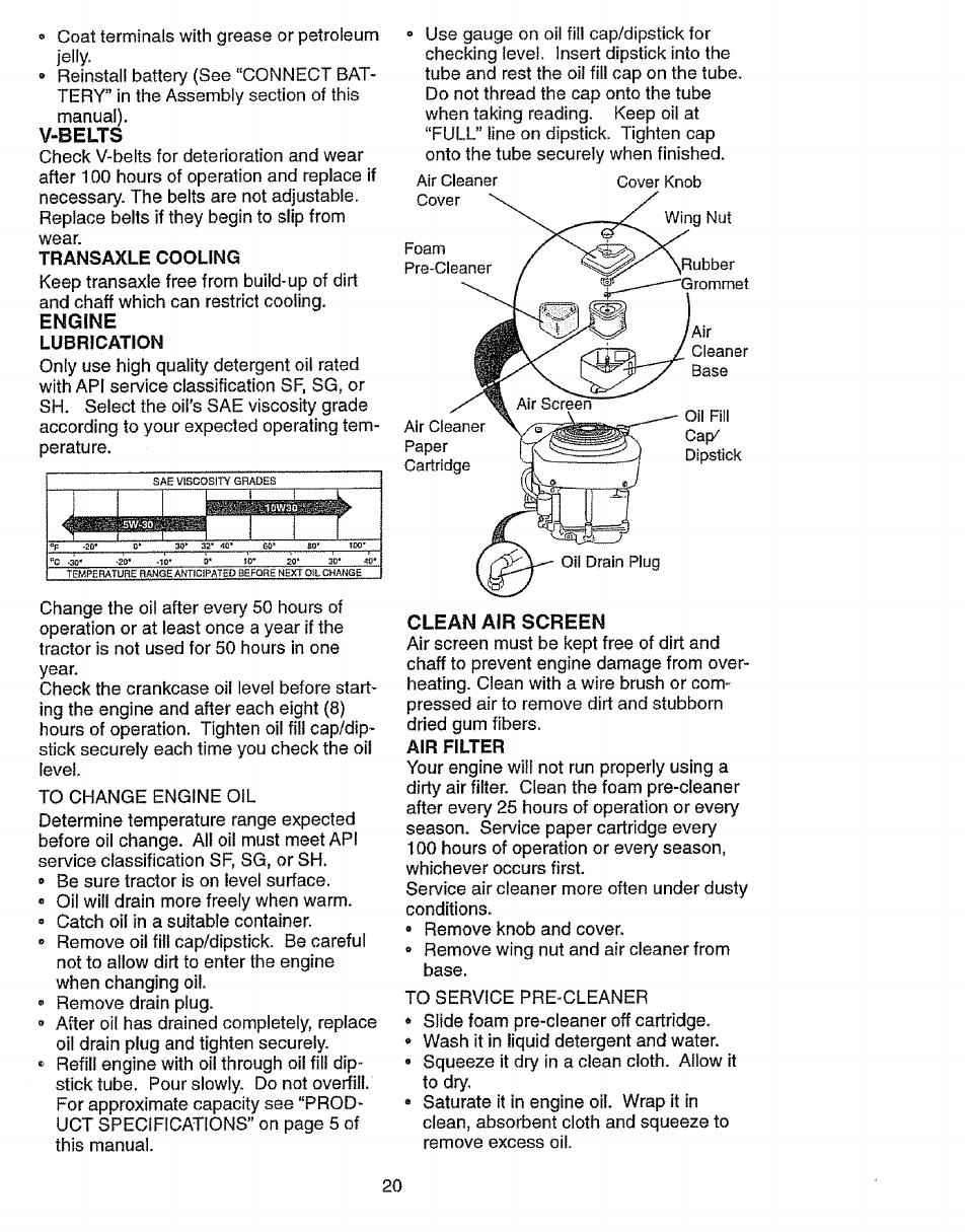 Transaxle cooling, A!r filter | Craftsman 917.27103 User Manual | Page 20 / 60