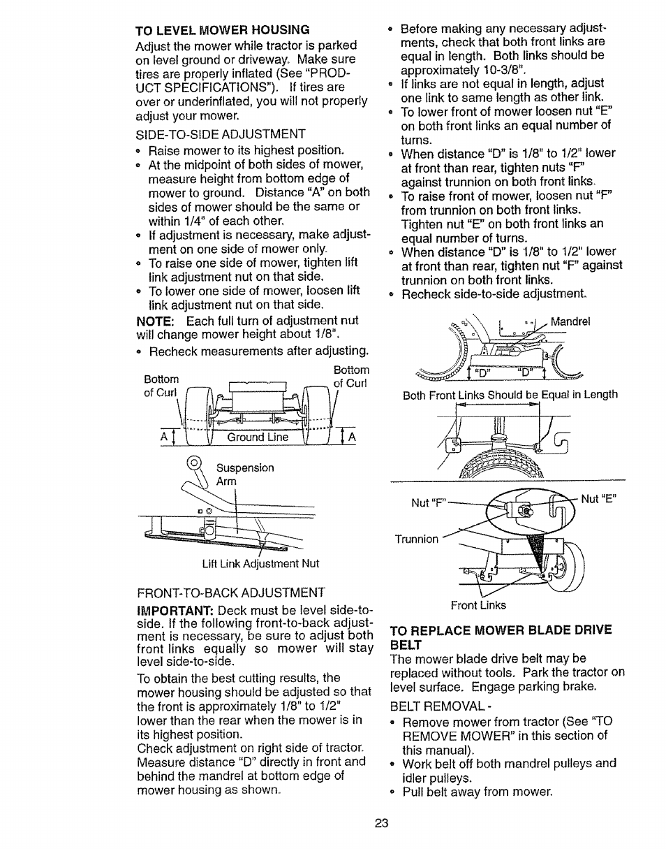 To level mower housing, To replace mower blade drive belt | Craftsman 917.27103 User Manual | Page 23 / 60