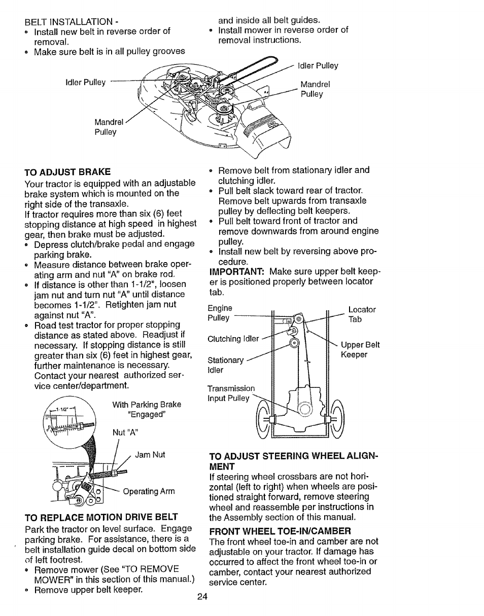 To adjust brake, To replace motion drive belt, To adjust steering wheel align | Front wheel toe-in/camber | Craftsman 917.27103 User Manual | Page 24 / 60
