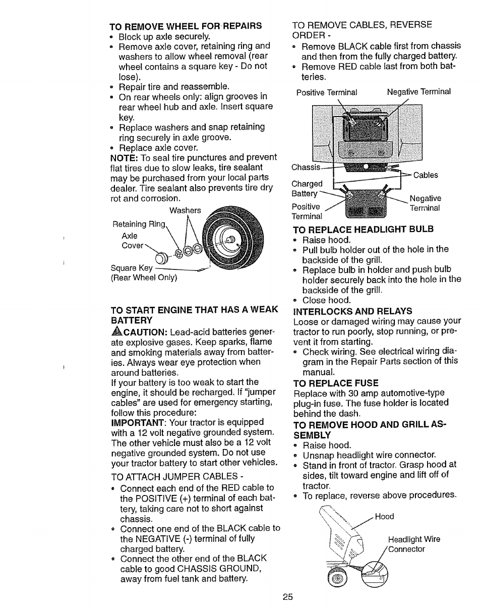 To remove wheel for repairs, To start engine that has a weak, To replace headlight bulb | Interlocks and relays, To replace fuse, To remove hood and grill assembly | Craftsman 917.27103 User Manual | Page 25 / 60