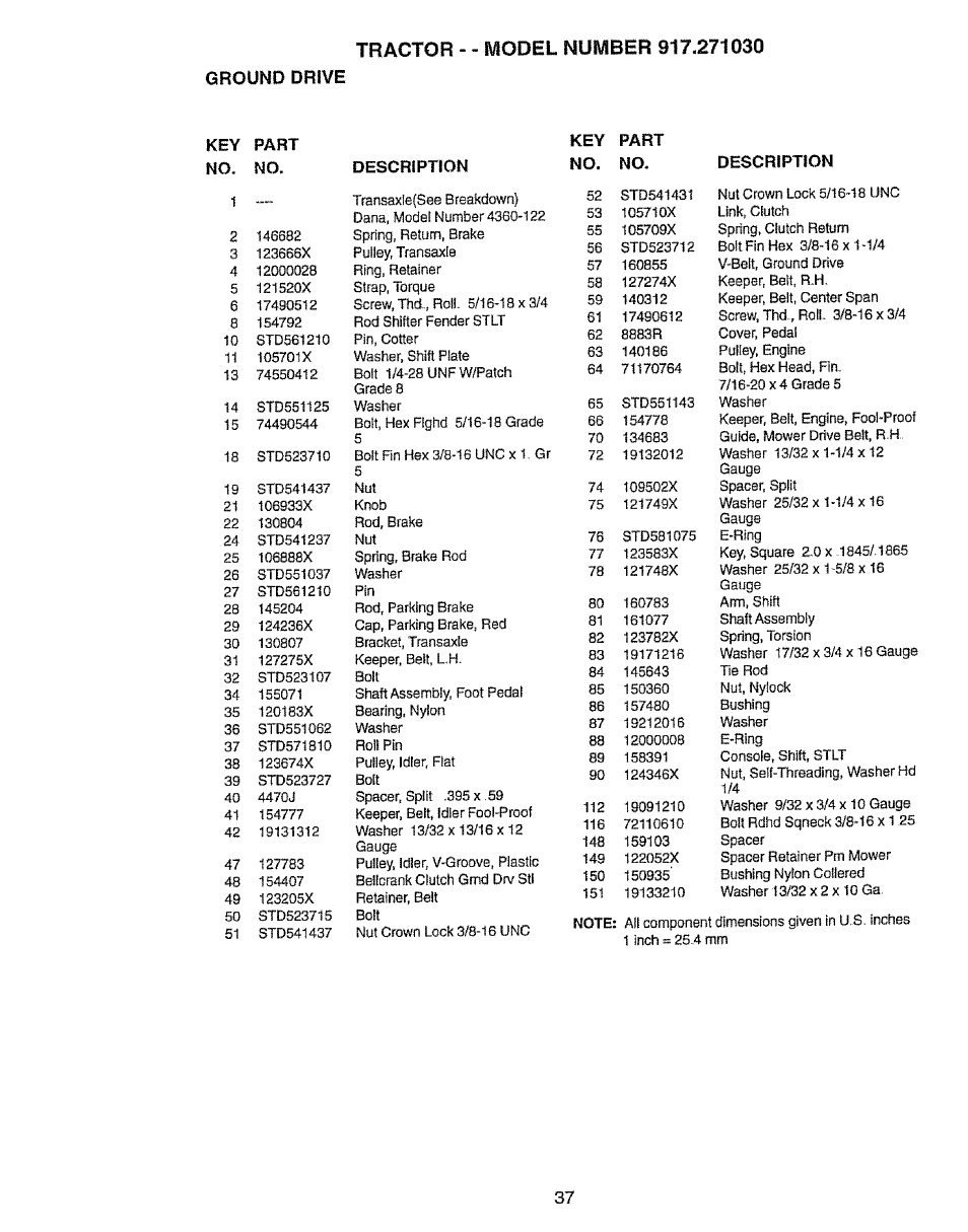 Ground drive, Part, Key part no. no. description | Craftsman 917.27103 User Manual | Page 37 / 60