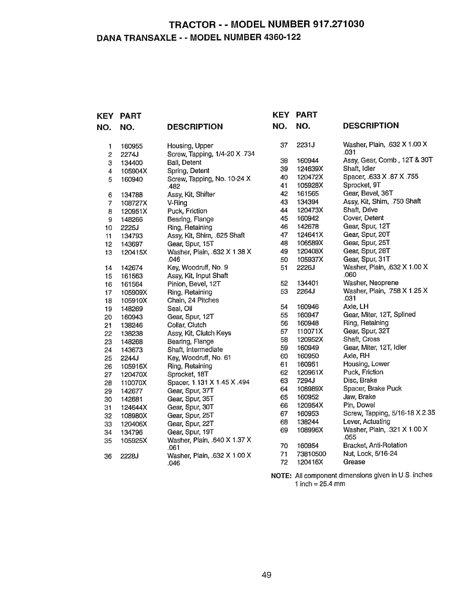 Key part 1^ part no. no. description no. no, Description | Craftsman 917.27103 User Manual | Page 49 / 60