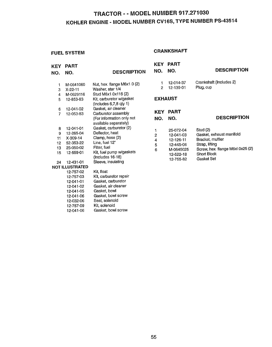 Fuel system key part no. no, Description, Crankshaft key part no. no. description | Exhaust kev part no. no. description | Craftsman 917.27103 User Manual | Page 55 / 60