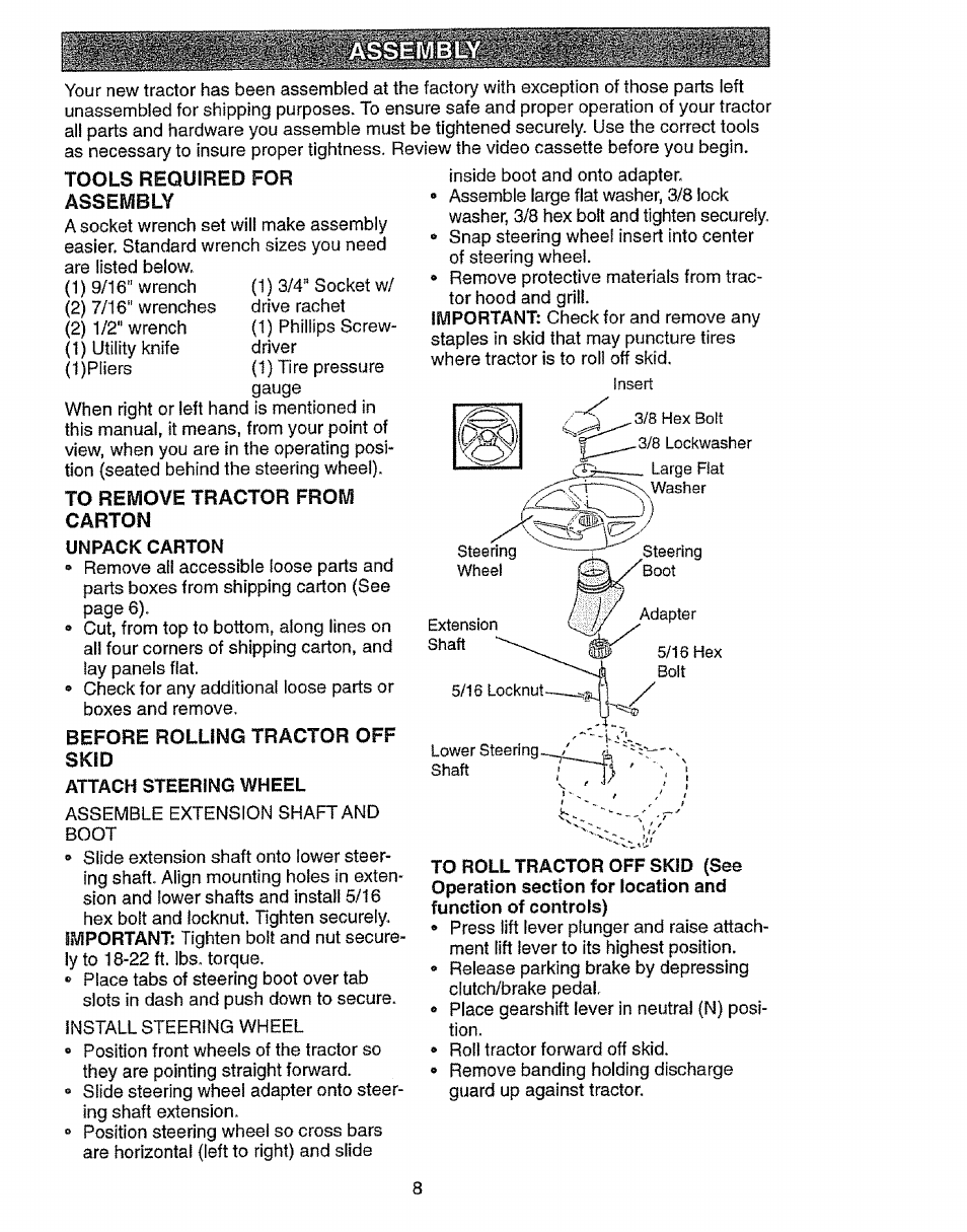 Unpack carton, Attach steering wheel, To roll tractor off skid (see | Craftsman 917.27103 User Manual | Page 8 / 60