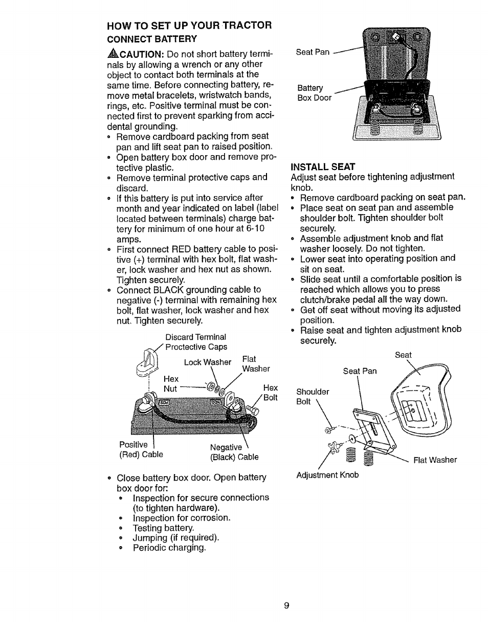 How to set up your tractor connect battery, Install seat | Craftsman 917.27103 User Manual | Page 9 / 60