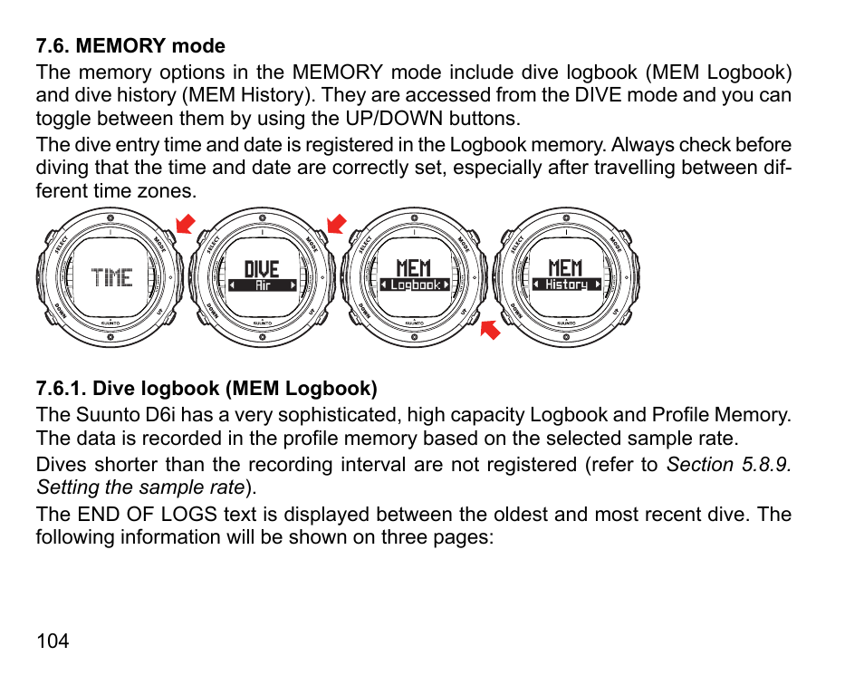 Memory mode, Dive logbook (mem logbook) | SUUNTO D6I User Manual | Page 103 / 135