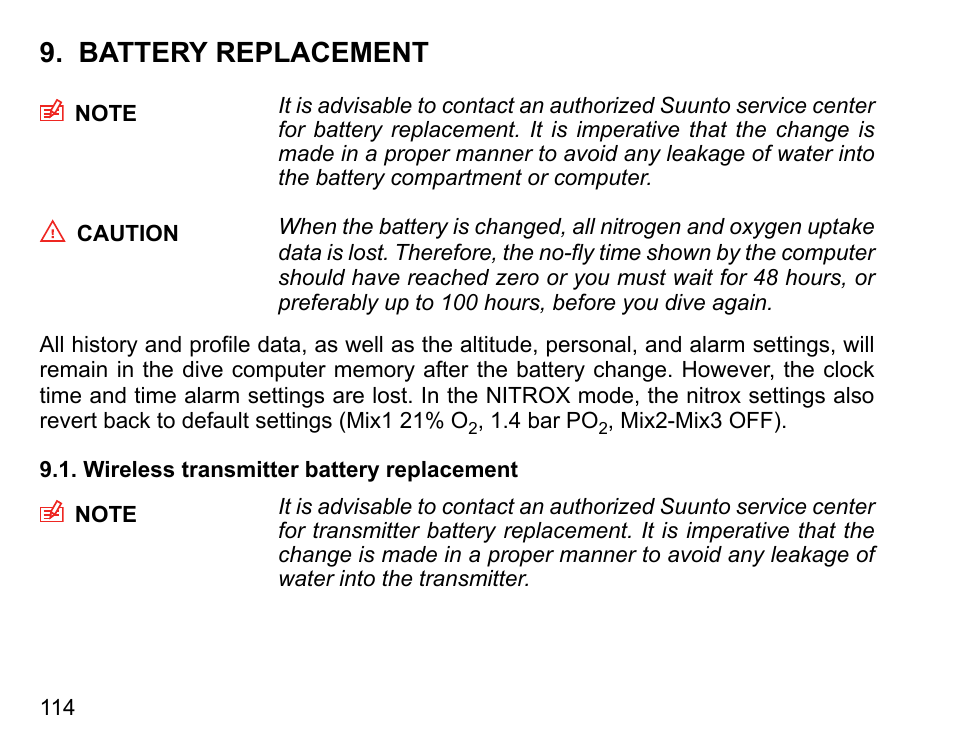 Battery replacement, Wireless transmitter battery replacement | SUUNTO D6I User Manual | Page 113 / 135