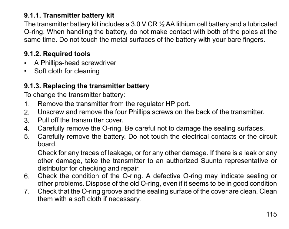 Transmitter battery kit, Required tools, Replacing the transmitter battery | 115 9.1.2. required tools, 115 9.1.3. replacing the transmitter battery | SUUNTO D6I User Manual | Page 114 / 135