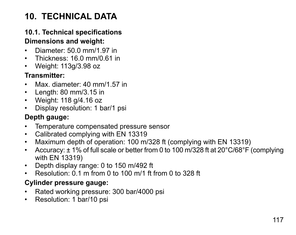 Technical data, Technical specifications | SUUNTO D6I User Manual | Page 116 / 135